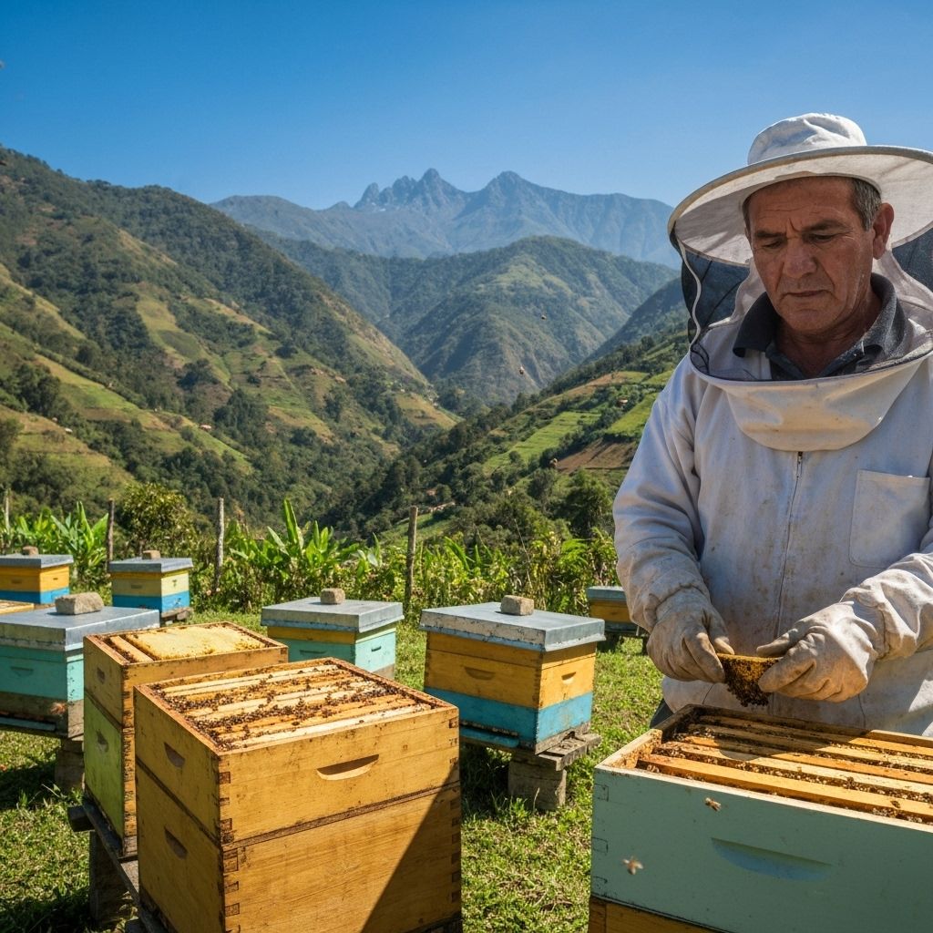 Apicultor trabajando en las montañas