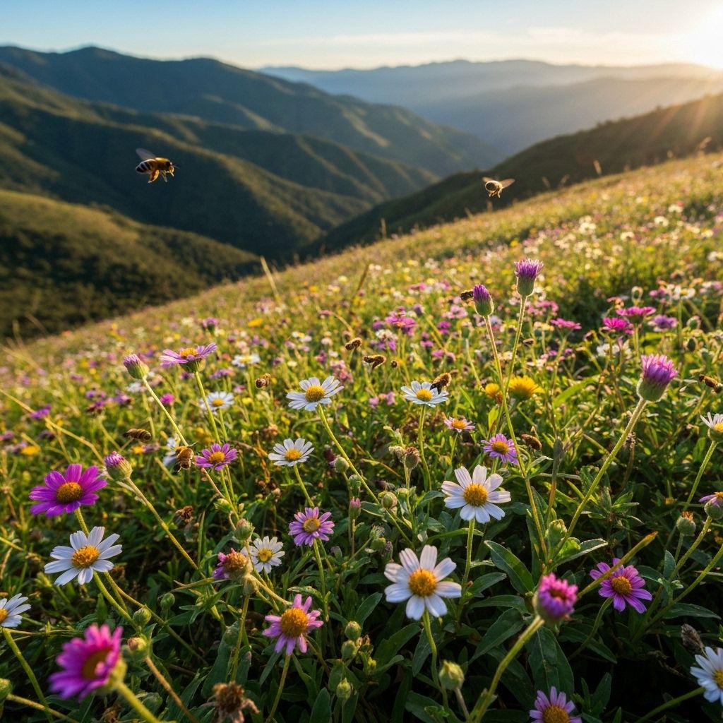 Flores silvestres y abejas en las montañas
